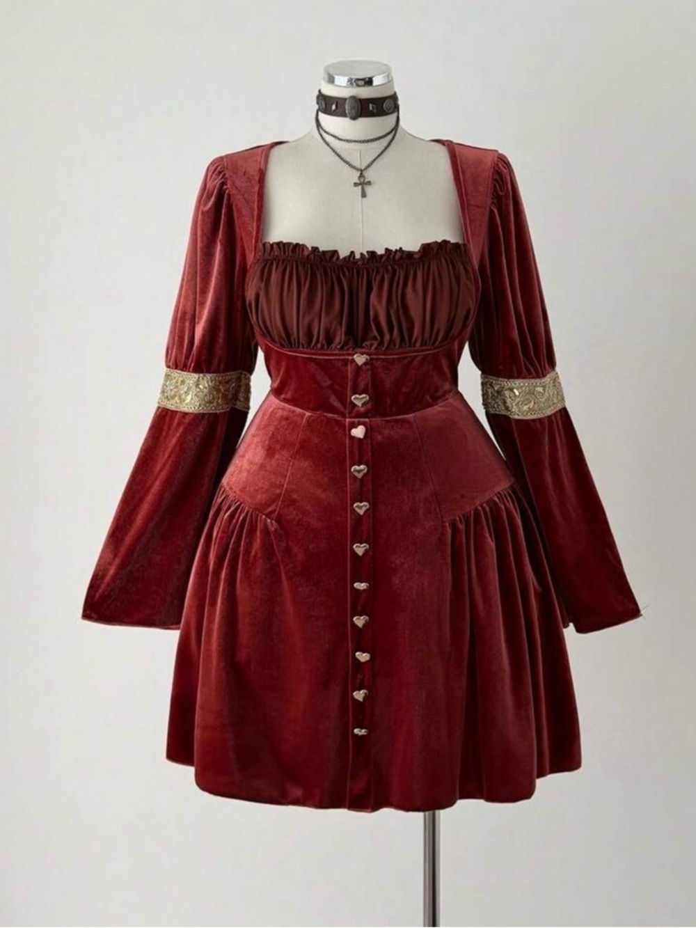Velvet Renaissance Auburn / Burnt Orange Dress with Heart Buttons